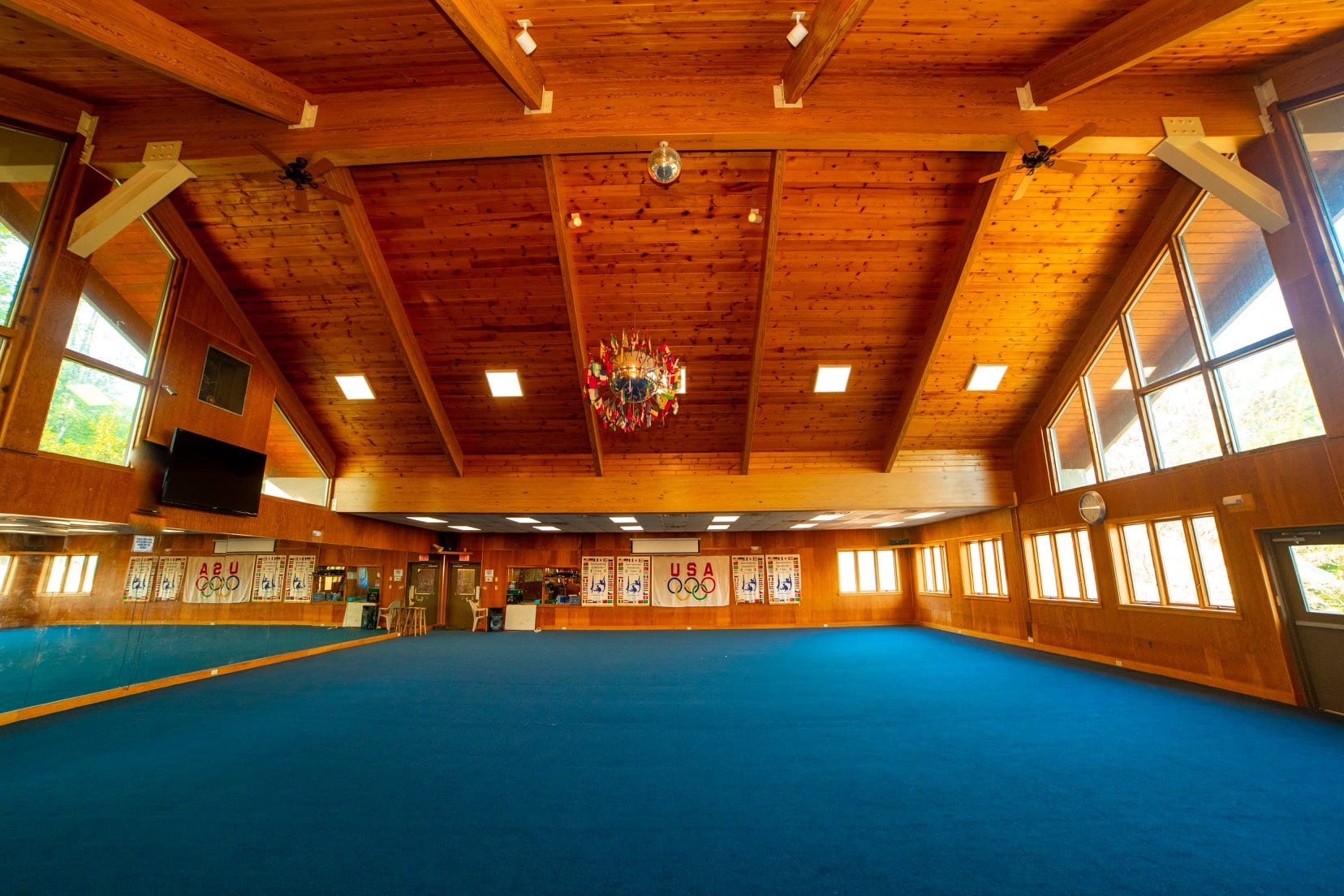 Spacious indoor gymnasium with wooden ceiling and blue floor.